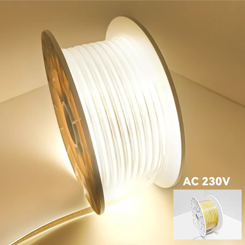 Ruban lumineux LED COB 230 V – Blanc chaud 3000 K – 10 W/m – 1000 lm/m – IP65 – Découpable – Rouleau de 50 m