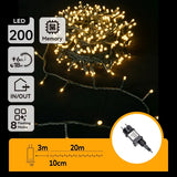 Warm white light string, 23 meters (3+20) - 200 LEDs | Waterproof IP44 | 230VAC - 24V | With timer 6 hours on/18 hours off