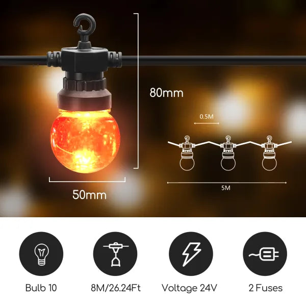 Lichtstring kleur 8 meter (3+5) - 10 LED's meerkleurig | sproeidicht IP44 - koppelbaar (max 5) | 230VAC - 24V | met timer 6u aan/18u uit