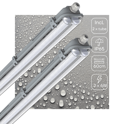 LED Moisture-resistant luminaire double 2220 Lumen - 12W - Cool white 4000K - IP65 - 60cm - With interchangeable tubes - 2 pieces
