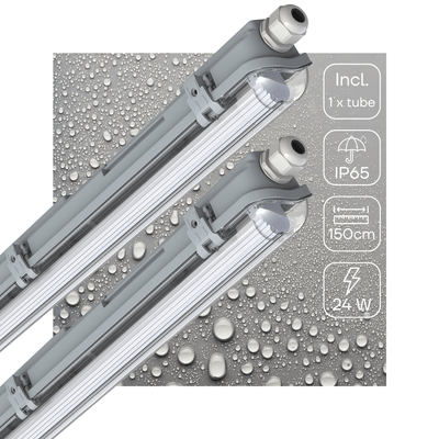 Apparecchio LED resistente all’umidità 150cm - 2880 lumen - 24W - Bianco luce diurna 6500K - IP65 - Tubo LED incluso - 2 pezzi