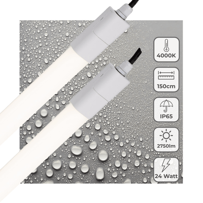 Feuchtigkeitsbeständige LED-Leuchte, 2750 Lumen, 24 W, Kaltweiß (4000 K), 150 cm, Schutzart IP65, IK06, 2 Stück
