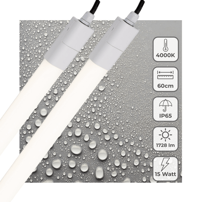 Plafoniera LED a tubo 1725 lumen - 15W - Bianco freddo 4000K - 60cm - IP65 impermeabile - IK06 - 2 pezzi