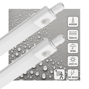 LED-Leuchte, feuchtigkeitsbeständig, 120 cm – 4100 Lumen – 36 W – Kaltweiß (4000 K) – PIR-Bewegungsmelder – Schutzart IP65 – 230 V – 2 Stück