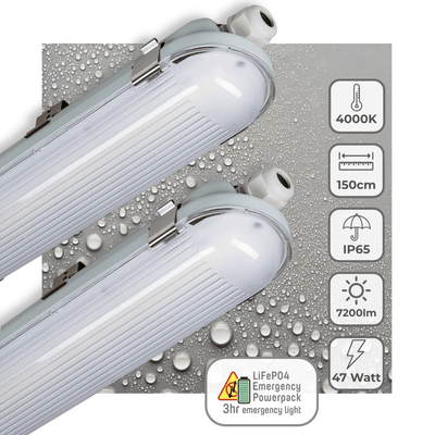 Feuchtigkeitsbeständige LED-Leuchte, 7200 Lumen, 47 W, Kaltweiß (4000 K), Schutzart IP65, Notstromversorgung, 4 Helligkeitsstufen, 150 cm, 2 Stück