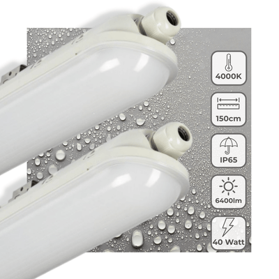 LED-TL-Leuchte, komplett kaltweiß (4000 K), 40 W, 6400 Lumen, 150 cm, IP65 wasserdicht, IK08, 2 Stück