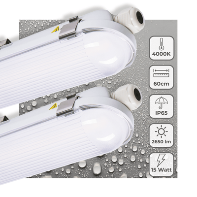 Feuchtigkeitsbeständige LED-Leuchte, 2650 Lumen, 15 W, 4000 K Kaltweiß, Schutzart IP65, IK08, 60 cm, 2 Stück
