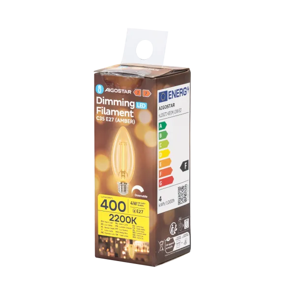 Kerzenlampe E27 dimmbare Flamme warmweiß | C35 LED 4W~400Lm=38W Halogenbeleuchtung | Braunglas - 2200K