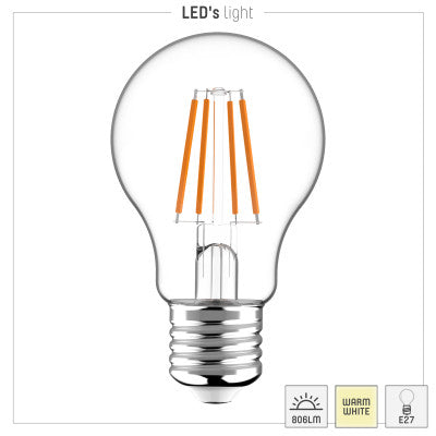 LED Filament Bulb A60 E27 806 lumens - 7W - Warm white 2700K - 330° beam angle - Pack of 5