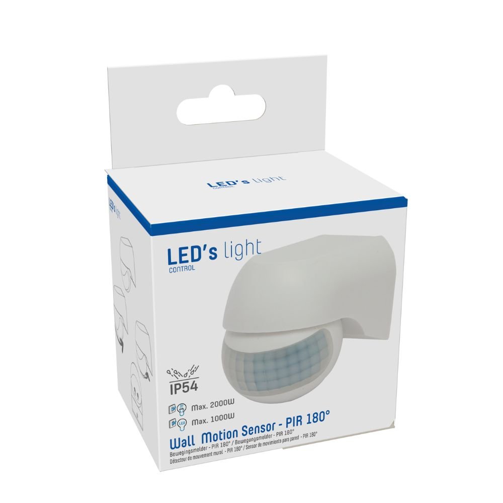 PIR-Bewegungsmelder – 12 m Reichweite – 180° Erfassungswinkel – Schutzart IP54 – Für den Innen- und Außenbereich geeignet – 2000 W