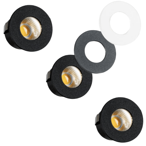 3er-Pack – LED's Light PRO Mini-Einbaustrahler 3 cm – Für Vordächer, Veranden und abgehängte Decken – Dimmbar – 3 Farbplatten