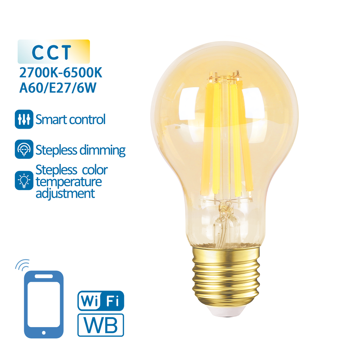 Gloeilamp E27 6W WiFi + Bluetooth CCT 2700K-6500K | Smartlamp A60 - warmwit - daglichtwit LED ~ 806 Lumen - amber glas - 230 Volt