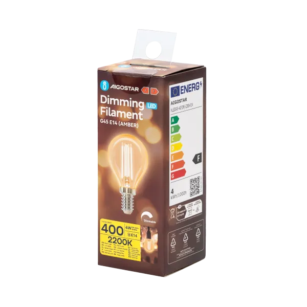 Kogellamp E14 dimbaar flame warmwit | G45 LED 4W~400Lm=38W halogeen verlichting | amber glas - 2200K