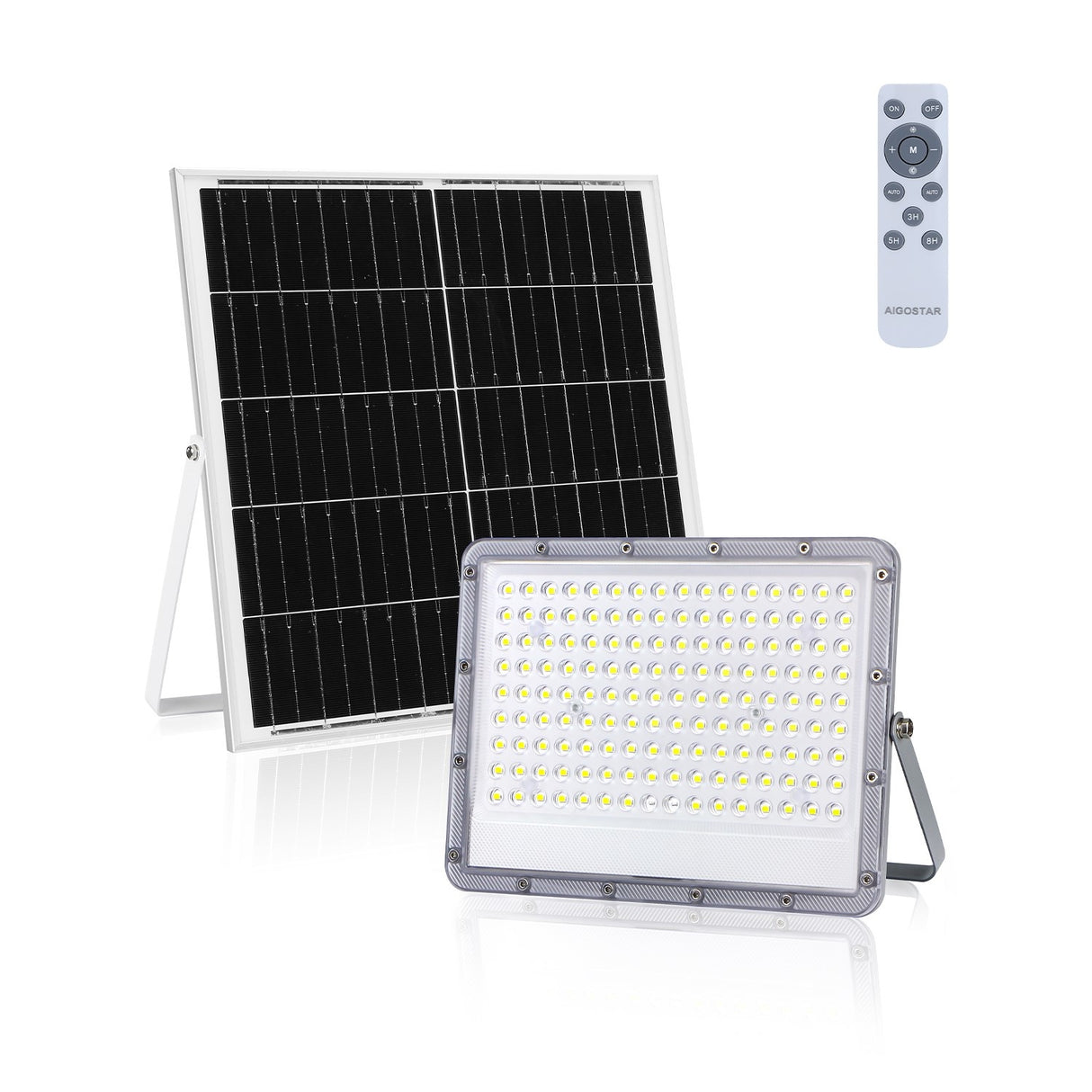 Außenleuchte grau mit Solarpanel | LED-Bauleuchte 200W~2000 Lumen Strahler + Fernbedienung | Tageslichtweiß 6500K - 90° Lichtwinkel | wasserdicht IP65 