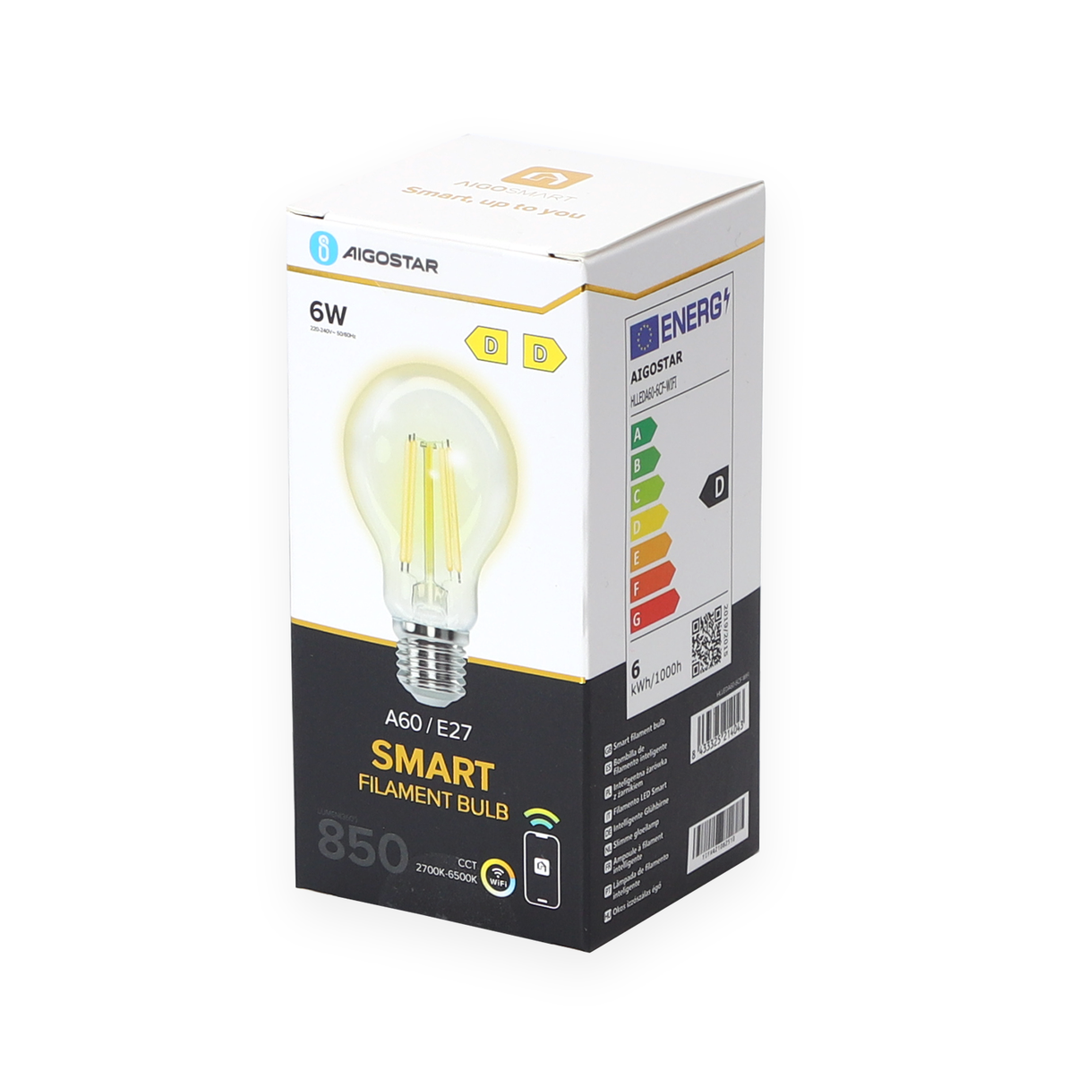 Gloeilamp E27 6W WiFi + Bluetooth CCT 2700K-6500K | Smartlamp A60 - warmwit - daglichtwit LED ~ 850 Lumen - helder glas - 230 Volt