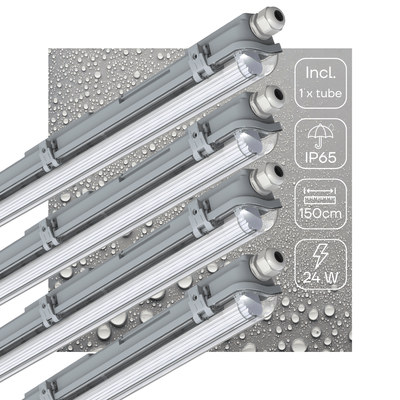 Feuchtigkeitsbeständige LED-Leuchte, 2880 Lumen, 24 W, 6500 K Tageslichtweiß, Schutzart IP65, 150 cm, 4 Stück