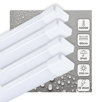 Bandeau LED 60cm - 2330 lumens - 18W - Blanc froid 4000K - IP40 - IK08 - 4 pièces
