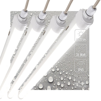 Feuchtigkeitsbeständige LED-Leuchte 120 cm – 4320 Lumen – 36 W – Kaltweiß 4000 K – Schutzart IP65 – IK08 – Bis zu 10 Stück verbindbar – 4 Stück
