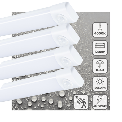 LED-Lichtleiste, 4650 Lumen, 36 W, Kaltweiß (4000 K), PIR-Sensor, IK08, 120 cm, 4 Stück