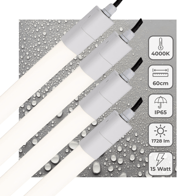 Feuchtigkeitsbeständige LED-Leuchte, 1725 Lumen, 15 W, Kaltweiß (4000 K), Schutzart IP65, 60 cm, 4 Stück