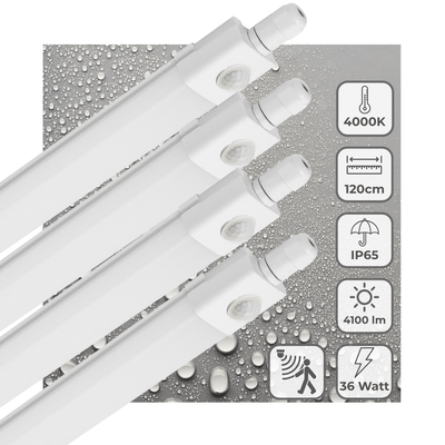 Feuchtigkeitsbeständige LED-Leuchte mit PIR-Sensor, 120 cm – 4100 Lumen – 36 W – Kaltweiß 4000 K – Schutzart IP65 – 4 Stück