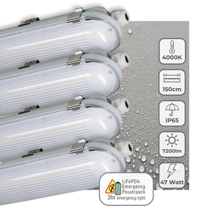 LED Vochtbestendig armatuur 150cm - 7200 lumen - 47W - Koelwit 4000K - IP65 - Met noodaccu - 4 lichtstanden - 4 stuks
