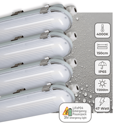 Luminaire LED résistant à l’humidité 150cm - 7200 lumens - 47W - Blanc froid 4000K - IP65 - Avec batterie de secours - 4 modes d’éclairage - 4 pièces