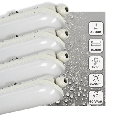 LED-TL-Leuchte, 6400 Lumen, 40 W, Kaltweiß (4000 K), Schutzart IP65 (wasserdicht), 150 cm, 4 Stück