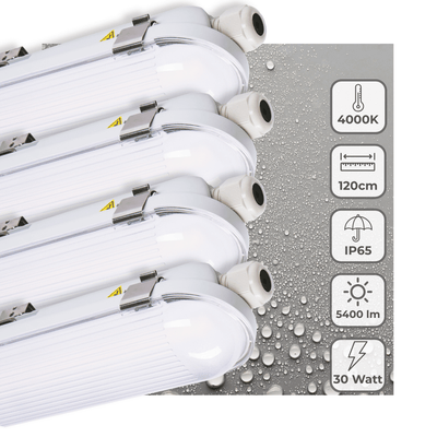 LED Moisture-resistant luminaire 5400 Lumen - 30W - 4000K Cool white - IP65 - IK08 - 120cm - 4 pieces