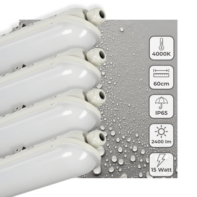 Feuchtigkeitsbeständige LED-Leuchte, 2400 Lumen, 15 W, Kaltweiß (4000 K), 60 cm, Schutzart IP65, IK08, 4 Stück