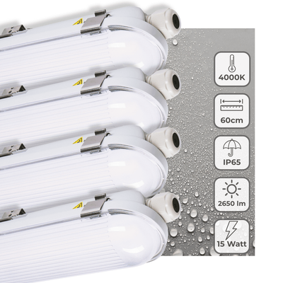LED Feuchtraumleuchte - 2650 lm - 15W - Kaltweiß 4000K - 120° - IP65 - IK08 - 60cm - 230V - 4 Stück