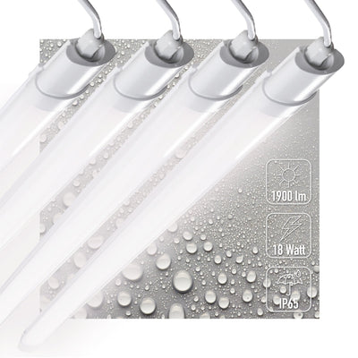 LED-TL-Leuchte, 1900 Lumen, 18 W, Kaltweiß (4000 K), Schutzart IP65 (wasserdicht), Stoßfest (IK08), 120 cm, 4 Stück