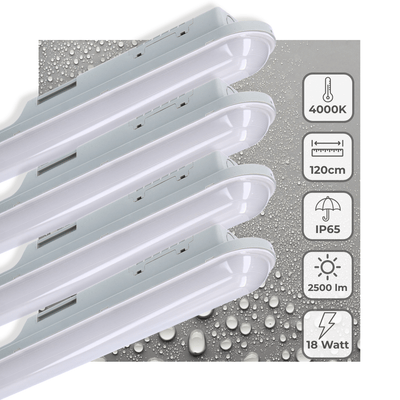 Plafoniera LED a tubo 2500 lumen - 18W - Bianco freddo 4000K - IP65 impermeabile - IK08 resistente agli urti - 120cm - 4 pezzi