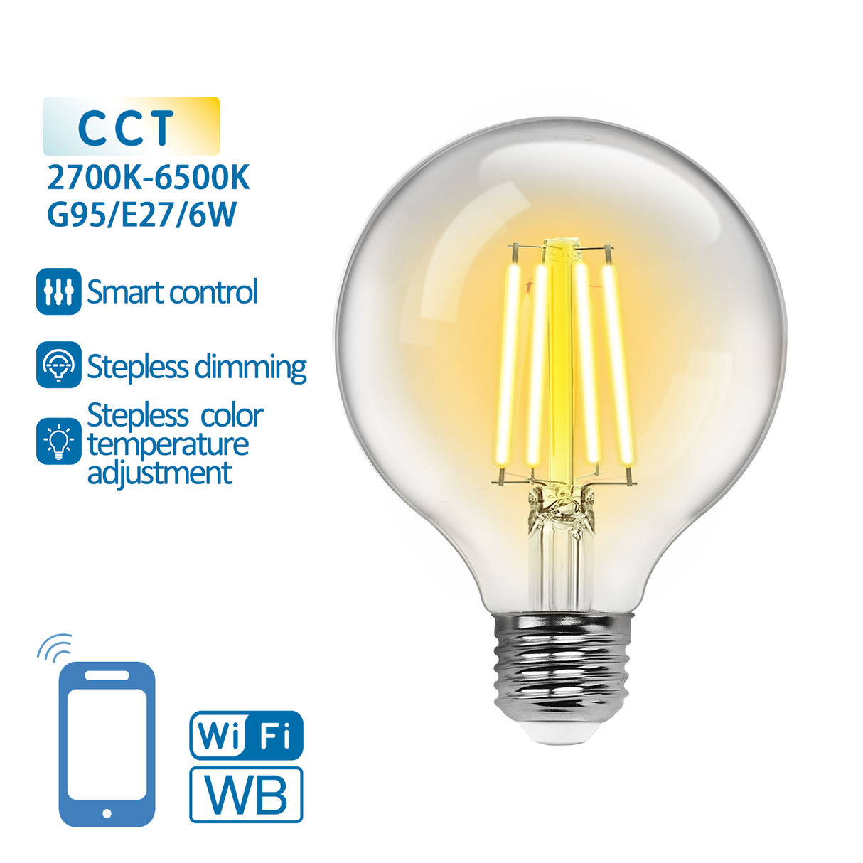 Globe E27 Glühbirne 6W WiFi CCT 2700K-6500K | G95 – warmweiß – tageslichtweiße LED ~ 850 Lumen – klares Glas – 230 Volt