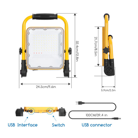 Baulampe - Arbeitsleuchte wiederaufladbar - USB | LED 50W=150W Strahler | Tageslichtweiß 6500K - 3 Einstellungen + Blitz blau-rot | wasserdicht IP65