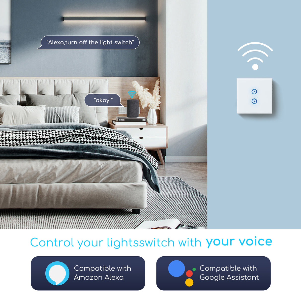 WiFi Smart Switch slimme schakelaar | 2 lichtpunten - inbouw - touch bediening - glas | 230V 10A