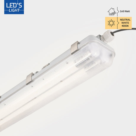 Doppelte LED-Leuchte, feuchtigkeitsbeständig, 2220 Lumen, 12 W, Kaltweiß (4000 K), Schutzart IP65, 60 cm, mit austauschbaren Leuchtstoffröhren, 2 Stück