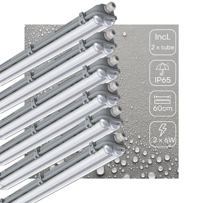 LED Moisture-resistant luminaire 2220 lumens - 12W - Cool white 4000K - IP65 - Double tube 60cm - 6 pieces