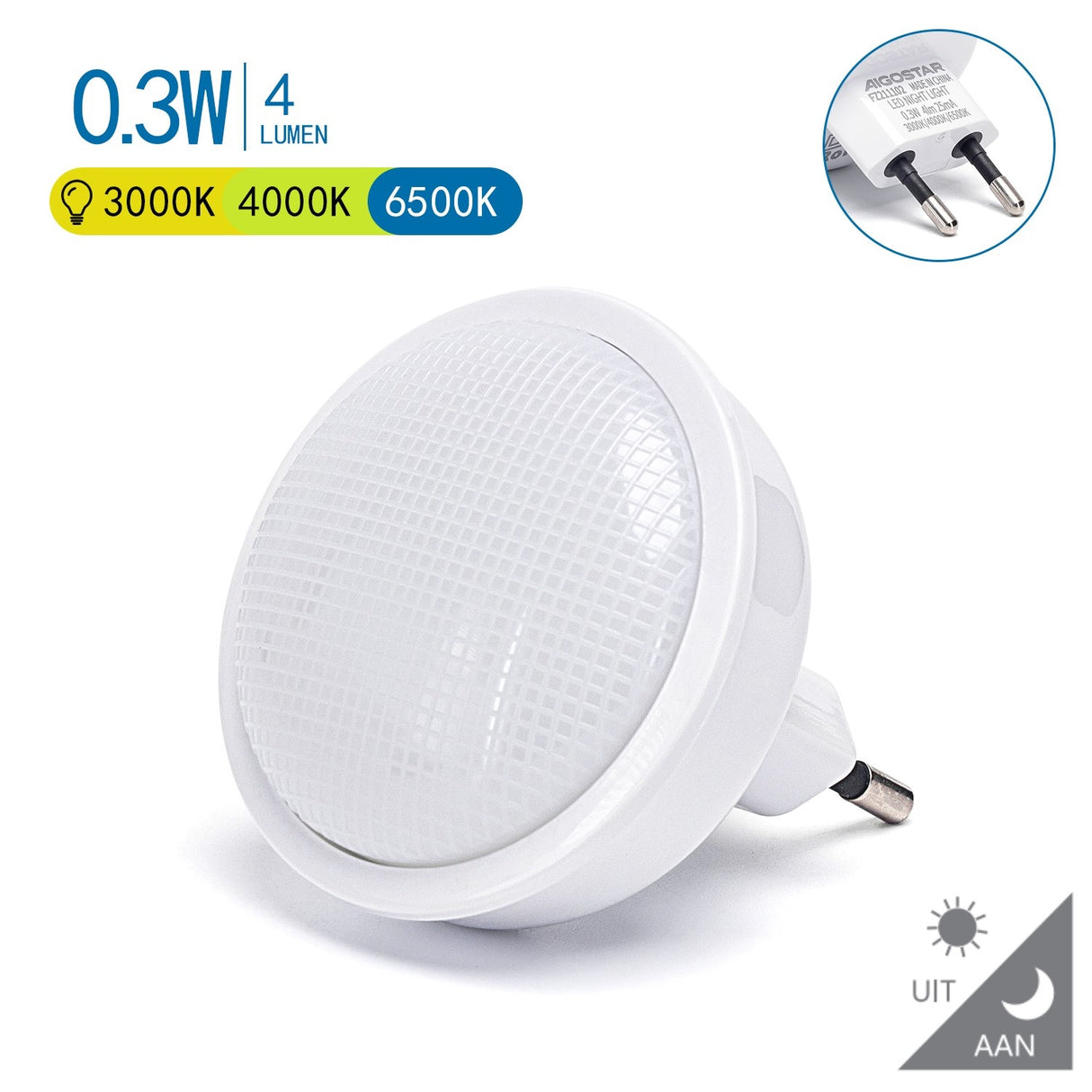 Nachtlampje rond warmwit | dagnachtsensor | 3000K/4000K/6500K - 0.3 Watt - 4 Lumen - 230V