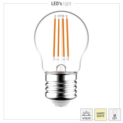 Lampe à filament LED 470 lumens - 4,5W - Blanc chaud 2700K - E27 - Boule G45 - Verre transparent - Rétro