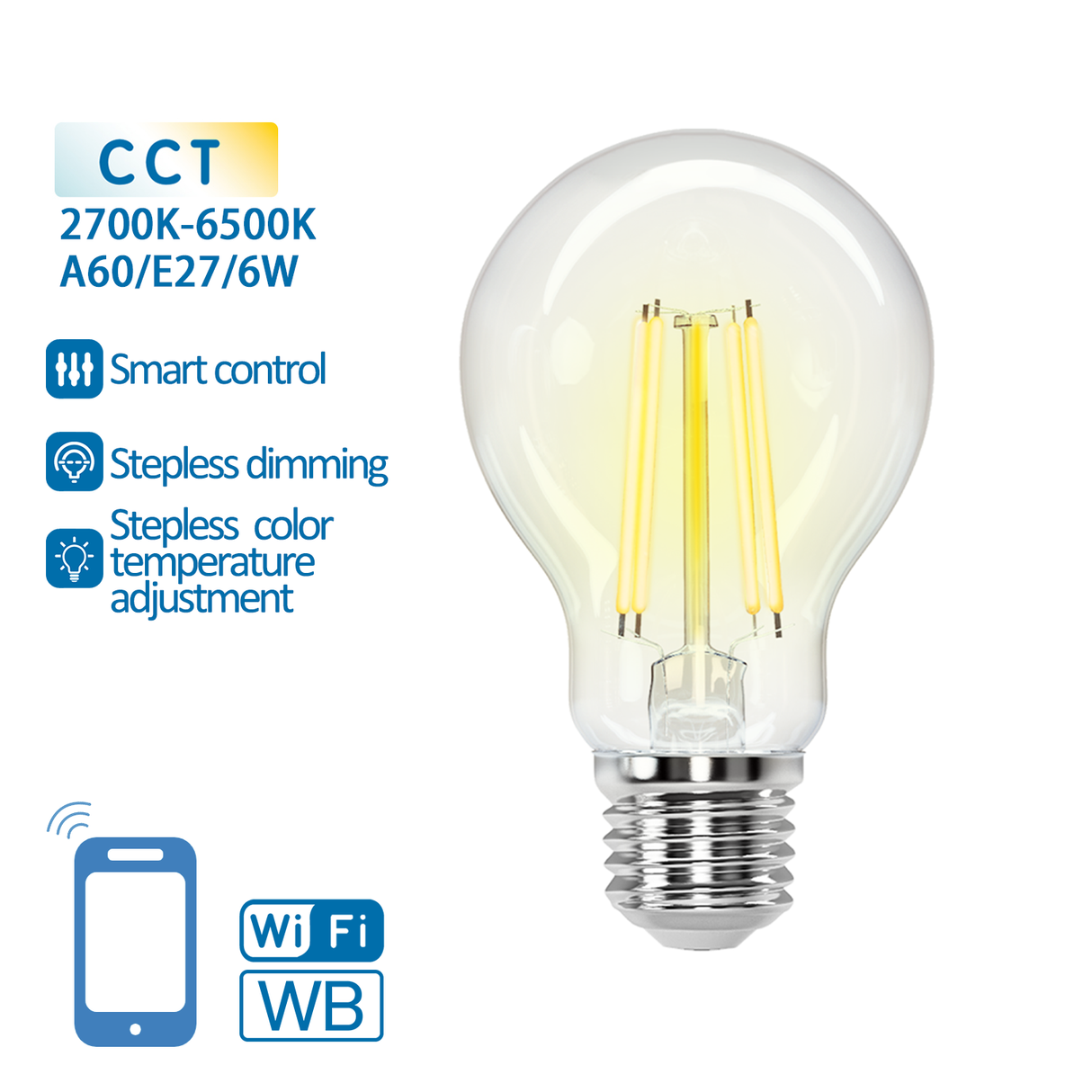 Light bulb E27 6W WiFi + Bluetooth CCT 2700K-6500K | Smart lamp A60 - warm white - daylight white LED ~ 850 Lumen - clear glass - 230 Volt