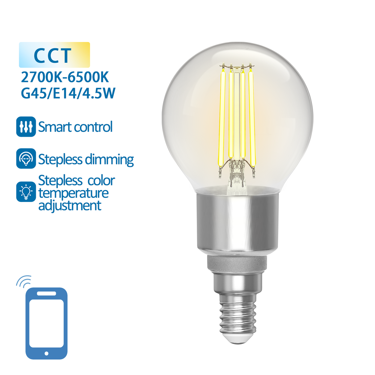 Kogellamp E14 4.5W WiFi + Bluetooth CCT 2700K-6500K | Smartlamp G45 - warmwit - daglichtwit filament LED ~ 470 Lumen - helder glas - 230 Volt