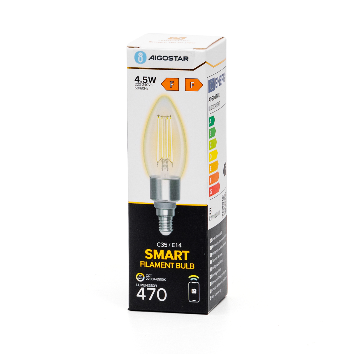 Kerzenlampe E14 4,5W WiFi + Bluetooth CCT 2700K-6500K | Smarte Lampe C35 – warmweiß – tageslichtweiße Filament-LED ~ 470 Lumen – klares Glas – 230 Volt