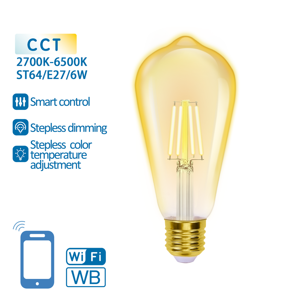 Carbon filament lamp E27 6W WiFi CCT 2700K-6500K | ST64 - warm white - daylight white LED ~ 806 Lumen - amber glass - 230 Volt