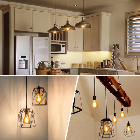 Aigostar 8W E27 amber glass light bulb in a modern kitchen with pendant lamps