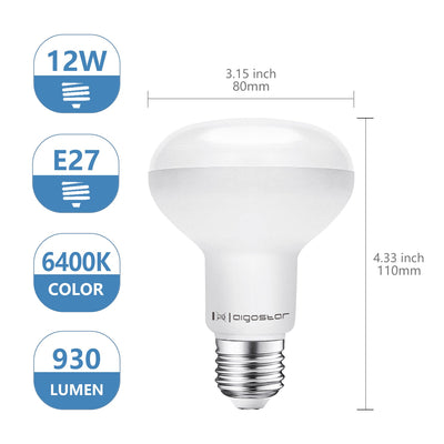 Aigostar R80-Spiegellampe in Tageslichtweiß mit 12 W, einer Helligkeit von 930 Lumen und einer Farbtemperatur von 6400 K.