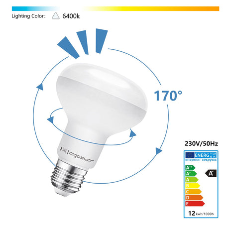 Aigostar R80 daylight white reflector bulb with a beam angle of 170 degrees and a color temperature of 6400K