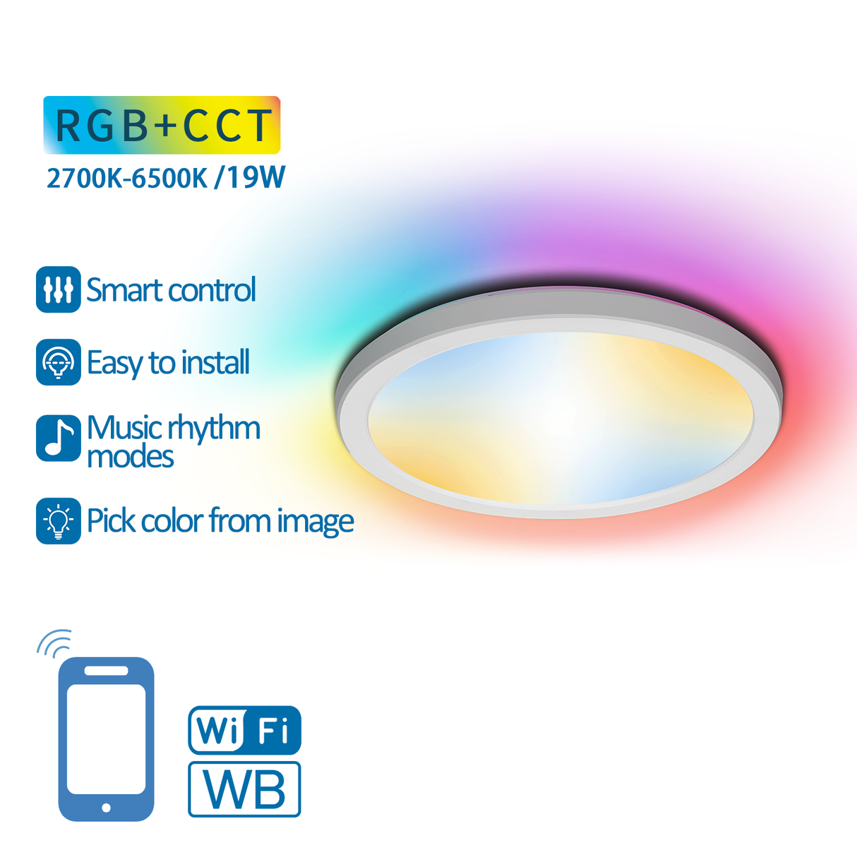 Ceiling lamp Ø 24cm WiFi RGB+CCT 2700K-6500K | RGB - warm white - daylight white - LED 19W=150W incandescent lamp 