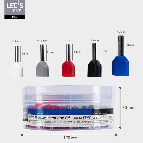 Sortiment an Aderendhülsen – 5 Größen von 0,5 mm² bis 2,5 mm² – Doppeladerendhülsen – 225 Stück