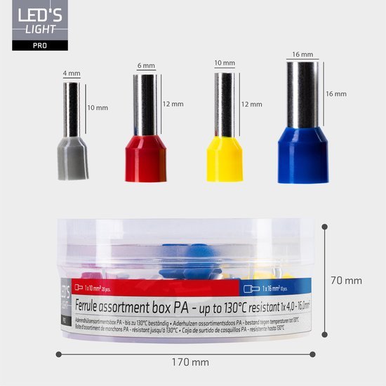 Sortiment an Aderendhülsen – 5 Größen von 4 mm² bis 16 mm² – 225 Stück